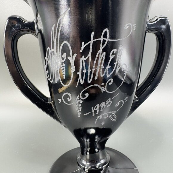 L E Smith Black Amethyst Glass Dancing Nymphs Trophy Glass Vase Etched Vintage - Picture 5 of 14